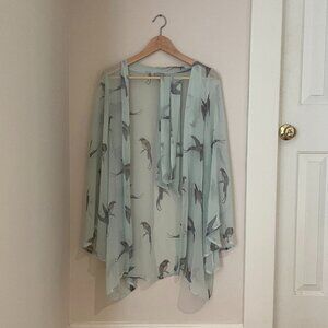 Playful elegant lingerie cover-up bird print sheer robe with tie